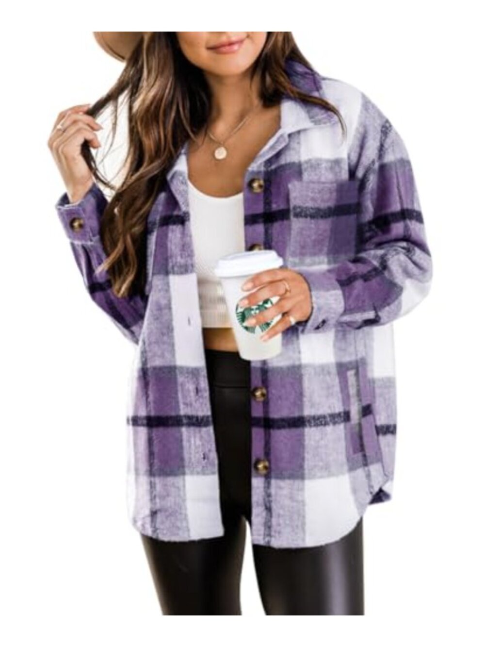 Womens Plaid Flannel Shacket Button Down Jacket with Pockets